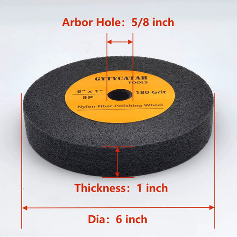 Nylon Fiber Deburring Wheel For Bench Grinder, Silicon Carbide Abrasive Polishing Wheel, 6 Inch Diameter By 1 Inch Thick With Five Eighths Inch Arbor, 180 Grit, Fits Most Grinders For Buffing Metal Stone Wood And Jewelry.