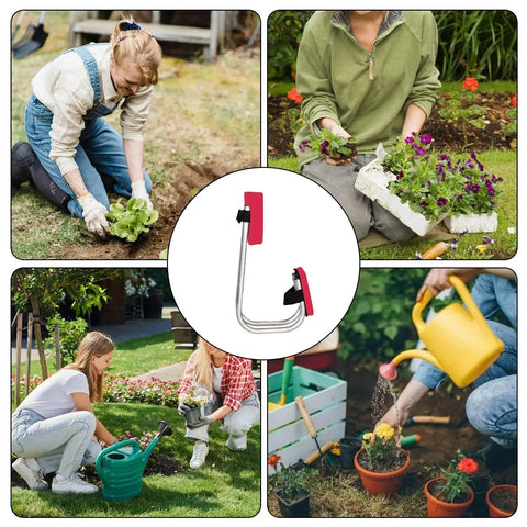 Collage of gardeners using Garden Knee Seat Kneeler Stool With Strap, Portable Leg Brace for gardening tasks, sturdy and comfortable.