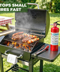 Grab And Dash Two Point Five Lb Multi Purpose Fire Extinguisher next to a grill with steaks and vegetables cooking.
