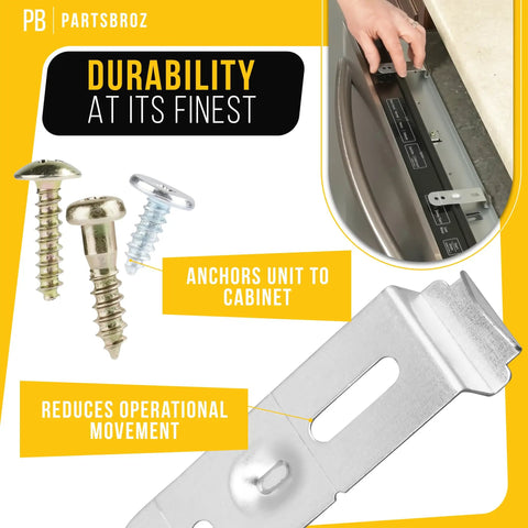 Dishwasher Assembly Install Kit With Mounting Brackets For Samsung Easy Fit Replacement Parts PS4222710 AP4450818 2077601, featuring screws and mounting bracket with cabinet installation close-up.