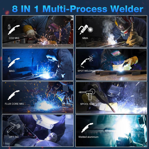 250 Amp MIG Welder 120V 240V RBM2500 Pro 8 In 1 Multiprocess Welding Machine showcasing various welding modes