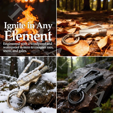 All In One Infinity Permanent Match Lighter With Keychain And Bottle Opener in outdoor settings, showcasing windproof waterproof design.