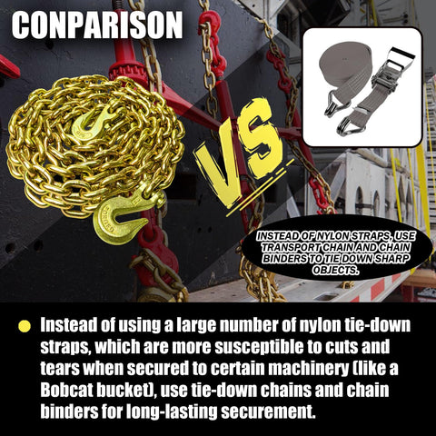 G80 Transport Binder Chain Three Eighths Inch By Sixteen Foot Heavy Duty Tow Chain With Clevis Grab Hooks vs nylon straps
