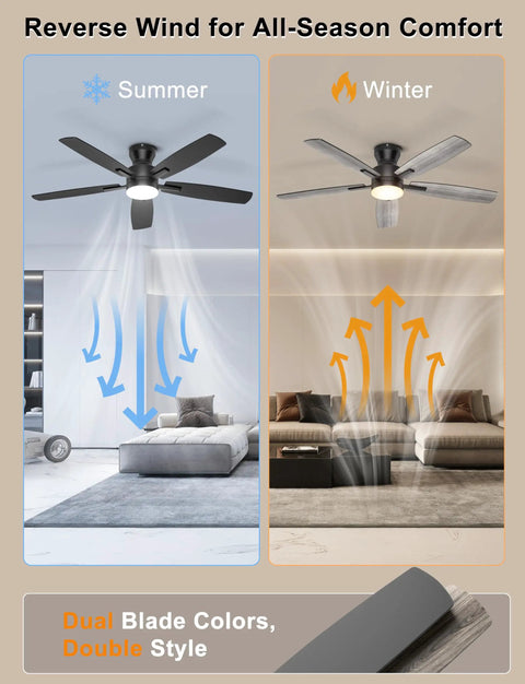 Sleek 52 Inch Low Profile Ceiling Fan In Matte Black With Bright SMD LED Lights Riding On A Dead Silent Reversible DC Motor for summer and winter use.