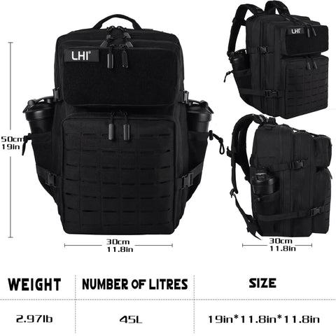 Rugged 45 Liter Tactical Military Backpack With MOLLE System For Everyday Carry And 3 Day Trips, durable and water resistant, black.