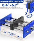 Upgraded 6.7 Inch Self Centering Doweling Jig Kit with adjustable width clamped on wood for precise joints visible