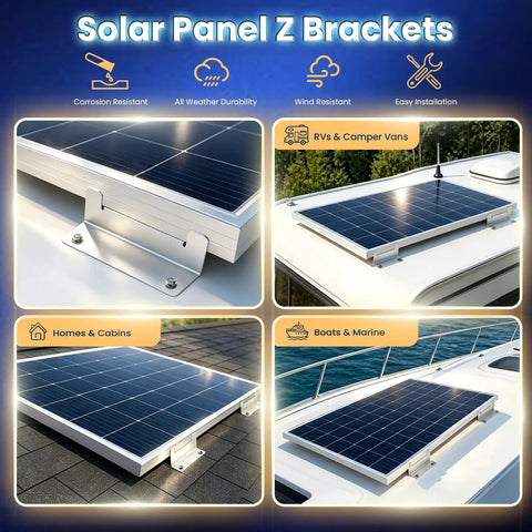 8 Piece Heavy Duty Z Brackets Solar Panel Mounting Kit features anodized aluminum frame and stainless steel hardware on rooftop.