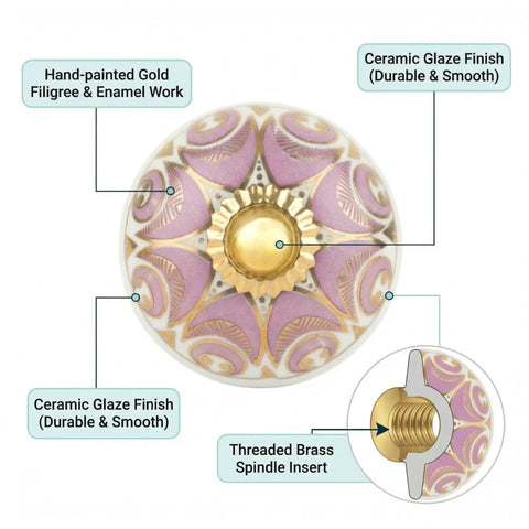 Close-up of Light Pink Ceramic Cabinet Knobs Set of 10, Handmade Dresser Drawer Pull Handles with Antique Floral Pattern