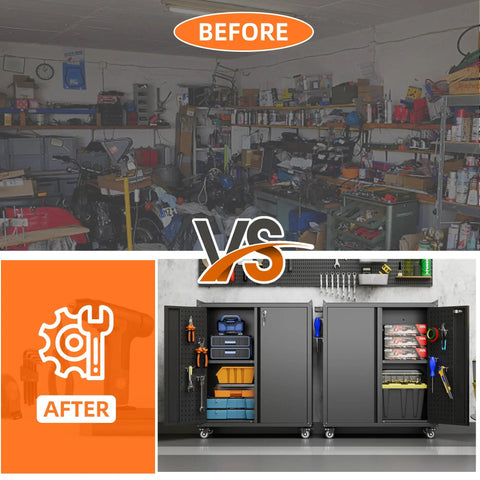 Before and after comparison of a garage with cluttered shelves versus organized Metal Garage Storage Cabinet With Wheels Pegboard Lockable Doors Four Adjustable Shelves 71 Inch Tall Steel Cabinet For Home Or Shop Built Tough Heavy Duty Black And White Rust Resistant Coating The Ultimate Garage Organization Solution