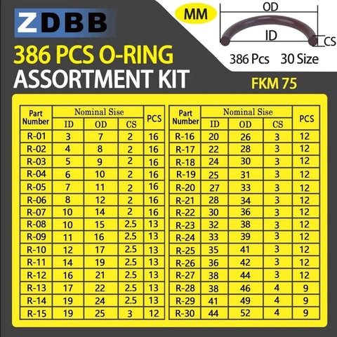 Heavy Duty Fluorocarbon FKM O Ring Kit With 386 Pcs And 30 Sizes 75 Durometer Assortment For Auto Engines Cylinders