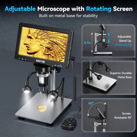 7 Inch IPS Digital Microscope With Rotatable HD Screen 1200X Magnification, 16MP Camera, metal base, coin close-up
