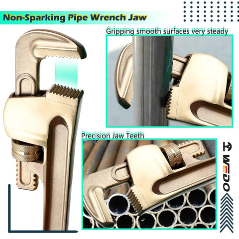 85 Piece Non Sparking Tool Set Featuring Tweezers Adjustable Wrench Hammer Putty Knife Pliers Screwdrivers Chisel Scissors Hacksaw Frame And Blade Beryllium Copper Non Magnetic Corrosion Resistant DIN Standard BAM Certified For Safe Use - Non-sparking pipe wrench jaw with precision grip on pipe surface