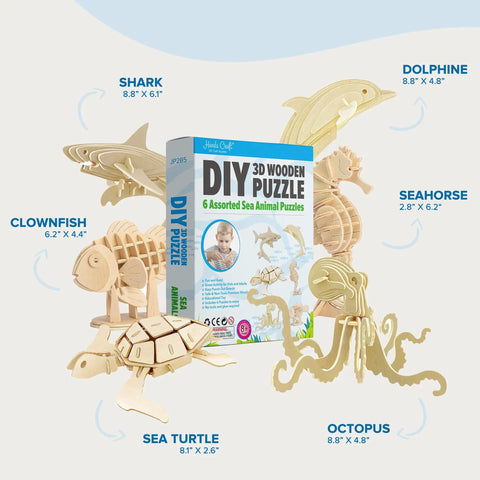 Six Piece DIY 3D Wooden Sea Animal Puzzle Bundle, Shark, Dolphin, Turtle, Octopus, Seahorse, Clownfish, Easy Punch Out, No Glue, Safe Non Toxic STEM Toy For Kids And Adults, Fun And Educational set with box