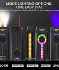 Flat EDC Flashlight Rechargeable With 1800 Lumens RGB And UV Light displaying various light modes and magnetic base.