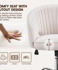 Close-up of Cute Velvet Desk Chair With Wheels For Home Office Vanity And Study, upholstered seat with cutout design detail.