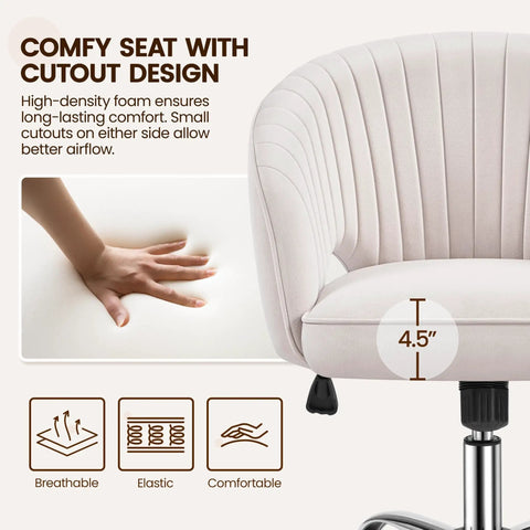 Close-up of Cute Velvet Desk Chair With Wheels For Home Office Vanity And Study, upholstered seat with cutout design detail.