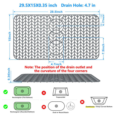 Diagram of Silicone Sink Mat Grid Protector for Kitchen Sinks 12 to 29.5 inches DIY cut to fit, showing drainage and compatibility.