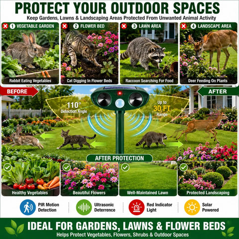 2 Pack Ultrasonic Animal Deterrent Devices For Outdoor Gardens Solar Powered Motion Sensor Safe Humane Sonic Fortress Pro Garden Shield For Squirrels Raccoons Rabbits Foxes Skunks Cats And More IP65 Waterproof, 2-pack solar garden unit
