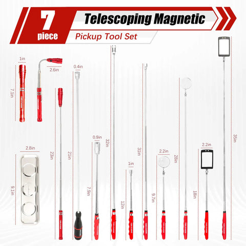 7 Piece Telescoping Magnetic Pickup Tool Set With Extendable LED Flashlight 360 Degree Round And Square Inspection Mirrors Red