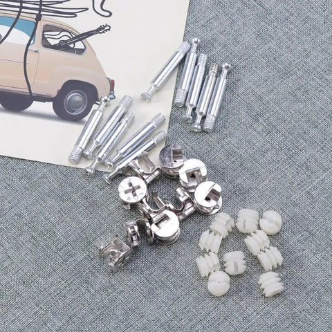 Heavy Duty Furniture Connectors Set With Locking Cam Fittings Bolts And Dowels, Anti-Rust Iron And Nylon Material For Stable Corner Connection, 24-Piece White Assembly Kit components displayed.