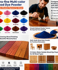 Take Your Woodworking Up A Nice Notch With This Killer Concentrated Wood Stain Dye Powder Blend That Mixes Fast With Water For Hella Vibrant Purple Red Blue Tones, showing various colors and application on wood surfaces.