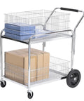 Heavy Duty Steel Office Mail Cart With Smooth As Butter Gliding Dual Casters holding boxes and blue files on dual tier shelves.
