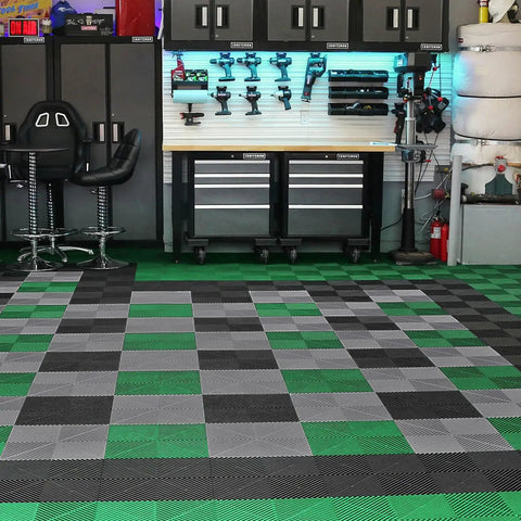 Interlocking Drainage Mat Tiles 12 Inch By 12 Inch Pack Of 55 Non Slip PP Floor Shower Mats For Garage Garden Kitchen And Outdoor Use Gray For Any Wet Area installed in garage