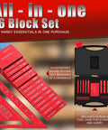 Pro Grade Precision Aluminum Setup Blocks Height Gauge Set and Triangle Ruler in case, ideal for woodworking setup.