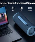 Beast 60W Portable Outdoor Bluetooth Speaker With True Wireless Stereo, Dual Pairing, IPX8 Waterproof shown next to a laptop