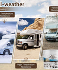 Images showing RVs in various weather conditions and a container of White RV Roof Sealant 1 Gallon Waterproof Flexible Coating For Campers Travel Trailers Motorhomes And RVs Solar Reflective Roof Sealant For Leak Repair And Maintenance Tough As Nails Long Lasting Weatherproof Protection