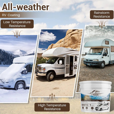 Images showing RVs in various weather conditions and a container of White RV Roof Sealant 1 Gallon Waterproof Flexible Coating For Campers Travel Trailers Motorhomes And RVs Solar Reflective Roof Sealant For Leak Repair And Maintenance Tough As Nails Long Lasting Weatherproof Protection