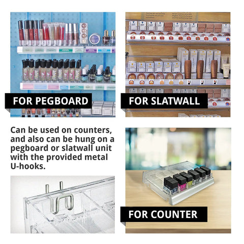 Clear 6 Compartment Cosmetic Tray Kit With Pushers, 2-Pack, mounted on pegboard, slatwall, and counter with dividers and hooks