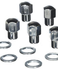 Half Inch Right Hand Closed End Lug Nuts With Washers Five Piece Set showcasing chrome finish and unique hex design for reliable fitment.