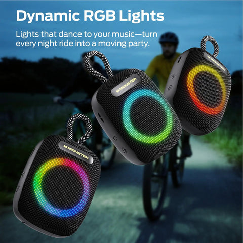 Outdoor Bluetooth Speaker with IPX7 Waterproof Rugged Build and RGB Lights for travel, biking, showing dynamic RGB lighting.
