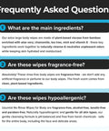 FAQ about XL Camping Body Wipes No Rinse For Outdoors, ingredients, fragrance-free, and hypoallergenic features.