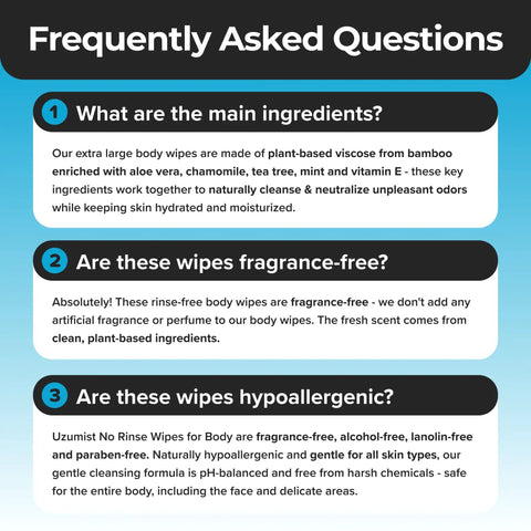 FAQ about XL Camping Body Wipes No Rinse For Outdoors, ingredients, fragrance-free, and hypoallergenic features.