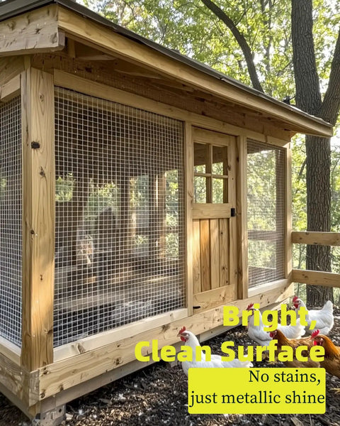 Heavy Duty One Half Inch Hardware Cloth Mesh Roll Forty Eight By One Hundred Feet 19 Gauge Hot Dip Galvanized After Welding Chicken Wire Fence Wire Mesh Rat Gopher Resistant Yard Garden enclosing a wooden chicken coop with chickens.