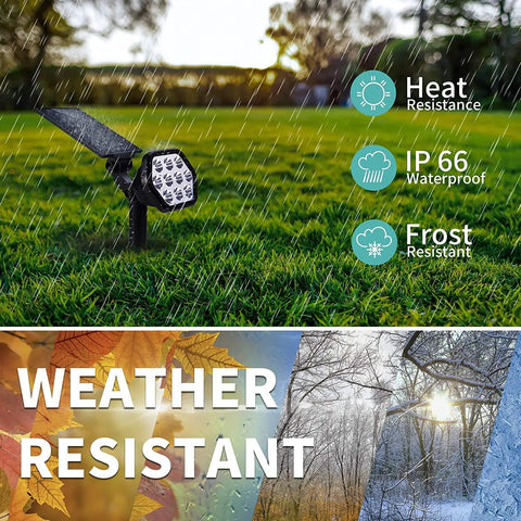 Outdoor Solar Lights 10 LED Landscape Spotlights with rain, showcasing weather durability with IP66 waterproof and frost resistance.