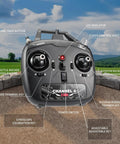 4-channel remote control for P51D Mustang RC Plane with labeled buttons and switches for easy flight adjustment.