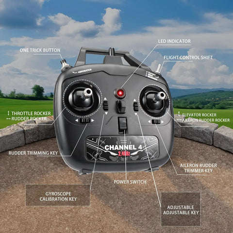 4-channel remote control for P51D Mustang RC Plane with labeled buttons and switches for easy flight adjustment.