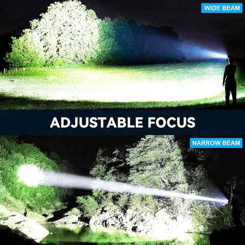 Insanely Bright 99,000 Lumen Rechargeable LED Flashlight Two Pack With Five Modes showcasing wide and narrow beam focus