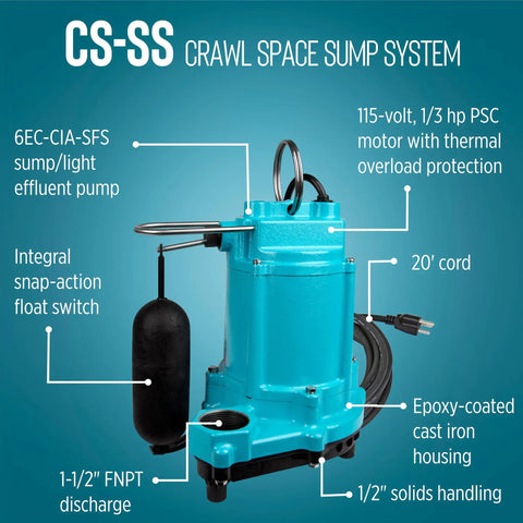 115-Volt Sump Pump System for Crawl Spaces, 1/3 HP, 3000 GPH, blue and black auto pump with 20 ft cord shown with specs.