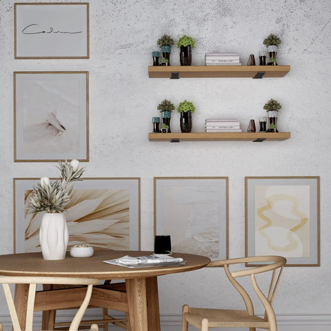 Beefy Heavy Duty Floating Shelf Brackets 6 Inch L Shaped Steel Wall Mounts Black Powder Coat supporting wooden shelves