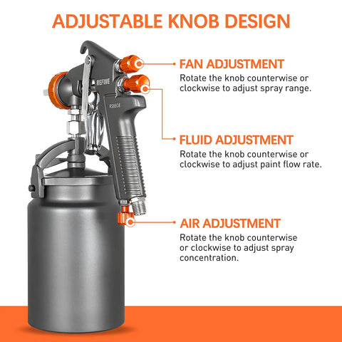 Heavy Duty Siphon Feed Air Spray Paint Gun With 1.8Mm Needle And 1000Cc Aluminum Pot showing adjustable knobs for fan, fluid, and air.