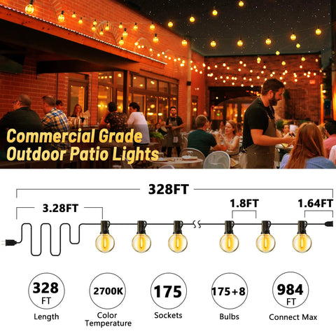 328Ft Outdoor String Lights With 175 G40 Globe Bulbs, 2700K Warm White, illuminating a lively outdoor patio scene.