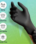 Front view of a black nitrile glove worn on a hand; latex-free, powder-free.