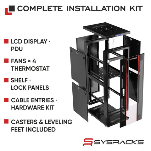 Exploded view of 42U Server Rack Cabinet On Wheels With Glass Door 32 Inch Deep Network Enclosure, showing components and features.