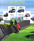 Universal Golf Cart Seat Belts Set Of 2 With 42 Inch Retractable Length Fits Yamaha EZGO Club Car Go Kart UTV And More No Fuss Install Passenger Safety Straps For Any Cart, shown with belt and landscape in background.