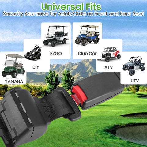 Universal Golf Cart Seat Belts Set Of 2 With 42 Inch Retractable Length Fits Yamaha EZGO Club Car Go Kart UTV And More No Fuss Install Passenger Safety Straps For Any Cart, shown with belt and landscape in background.