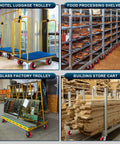Various industrial carts including luggage trolleys, food shelves, glass trolley, and store cart with polyurethane caster wheels.